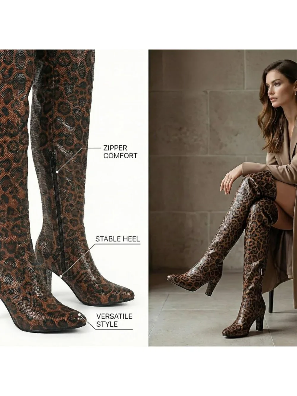 Women's Brown Thick Pointed Toe Chunky Heel Side Zipper Over The Knee High Boots